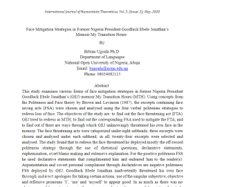 Face Mitigation Strategies in Former Nigeria President Goodluck Ebele Jonathan’s Memoir My Transition Hours